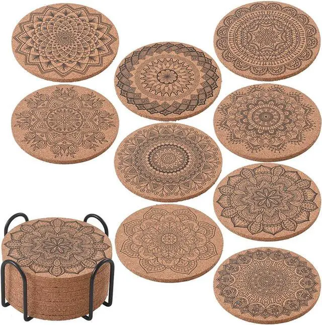 Main image of ionEgg Cork Coasters for Drinks Reusable Cup Coaster for Cold or Warm Drinks, Pack of 9 with Metal Holder