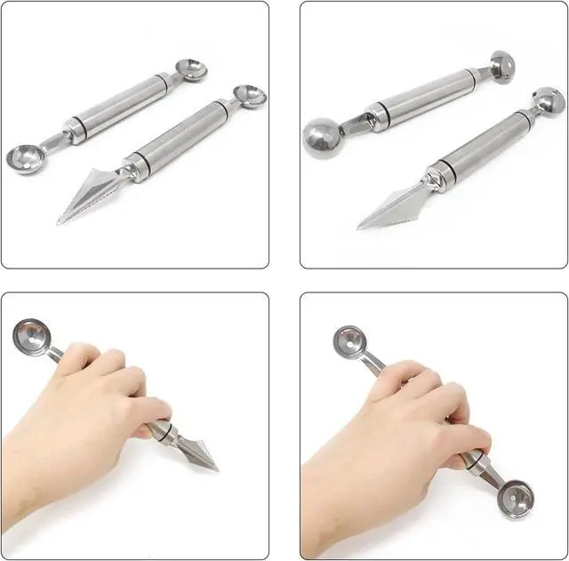 Alt view image 5 of 7 - Honbay 2PCS Stainless Steel Double-Headed Melon Baller Scoop Fruit Carving Knife Dual-Purpose Cooking Spoon Kitchen Tools for Watermelon Cantaloupe Ice Cream Sorbet Dessert