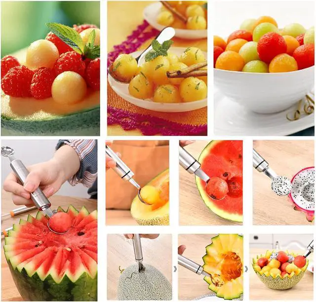 Alt view image 6 of 7 - Honbay 2PCS Stainless Steel Double-Headed Melon Baller Scoop Fruit Carving Knife Dual-Purpose Cooking Spoon Kitchen Tools for Watermelon Cantaloupe Ice Cream Sorbet Dessert