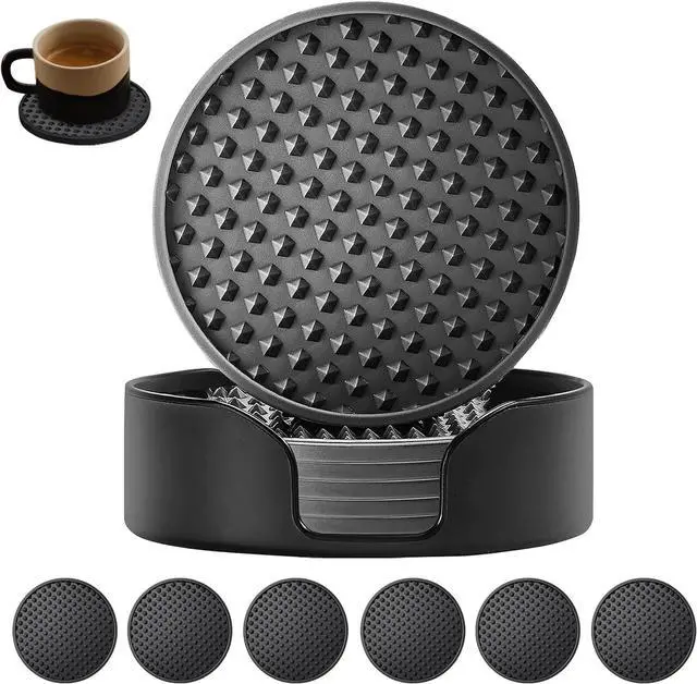 Main image of Silicone Coasters 6 Pack with Holder, Non-Slip Non-Stick Heat Resistant Cup Mat, Washable for Home Office Bar (Black)