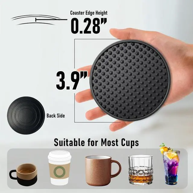Alt view image 2 of 7 - Silicone Coasters 6 Pack with Holder, Non-Slip Non-Stick Heat Resistant Cup Mat, Washable for Home Office Bar (Black)