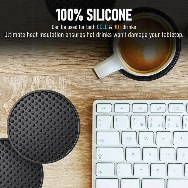 Alt view image 3 of 7 - Silicone Coasters 6 Pack with Holder, Non-Slip Non-Stick Heat Resistant Cup Mat, Washable for Home Office Bar (Black)