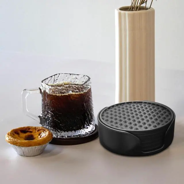 Alt view image 7 of 7 - Silicone Coasters 6 Pack with Holder, Non-Slip Non-Stick Heat Resistant Cup Mat, Washable for Home Office Bar (Black)