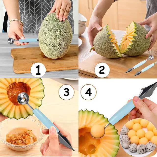 Alt view image 6 of 6 - 2 Pack Melon Baller Scoop Set Stainless Steel Double-headed Carving Knife Watermelon Cantaloupe Scooper for Cutting and Scooping Fruit Melons