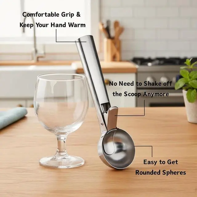 Alt view image 3 of 7 - Premium Ice Cream Scoop with Trigger Ice Cream Scooper Stainless Steel, Heavy Duty Metal Icecream Scoop Spoon Dishwasher Safe, Perfect for Frozen Yogurt, Gelatos, Sundaes, Silver Large
