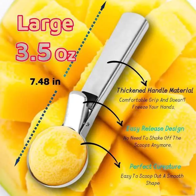 Alt view image 4 of 7 - Premium Ice Cream Scoop with Trigger Ice Cream Scooper Stainless Steel, Heavy Duty Metal Icecream Scoop Spoon Dishwasher Safe, Perfect for Frozen Yogurt, Gelatos, Sundaes, Silver Large