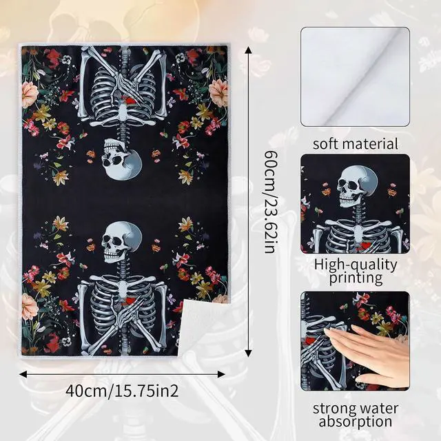 Alt view image 2 of 7 - Gothic Skull Kitchen Towels, Cute Goth Flower Skull Microfiber Hand Towels with Hanging Loop for Women Girl, 2 Pack 16×24 Inch Kitten Reusable Dish Tea Towel for Home Kitchen Bathroom Decor Dishcloths