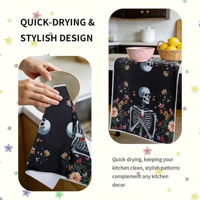 Alt view image 6 of 7 - Gothic Skull Kitchen Towels, Cute Goth Flower Skull Microfiber Hand Towels with Hanging Loop for Women Girl, 2 Pack 16×24 Inch Kitten Reusable Dish Tea Towel for Home Kitchen Bathroom Decor Dishcloths