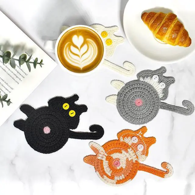 Alt view image 2 of 7 - Drink Coasters, Decorative Bar Coasters, 4 Pack Cute Coffee Coasters, Animal Pattern Crochet Coasters (Cat)