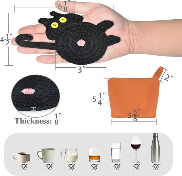 Alt view image 4 of 7 - Drink Coasters, Decorative Bar Coasters, 4 Pack Cute Coffee Coasters, Animal Pattern Crochet Coasters (Cat)
