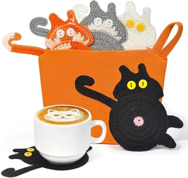 Main image of Drink Coasters, Decorative Bar Coasters, 4 Pack Cute Coffee Coasters, Animal Pattern Crochet Coasters (Cat)