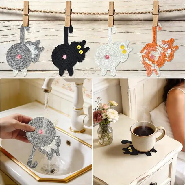 Alt view image 5 of 7 - Drink Coasters, Decorative Bar Coasters, 4 Pack Cute Coffee Coasters, Animal Pattern Crochet Coasters (Cat)