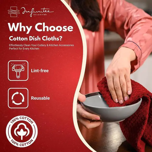 Alt view image 2 of 7 - Infinitee Xclusives Premium Dish Cloth 100% Cotton 12 x 12 Inches |Pack of 4| - Ultra Soft Tea Towels - Highly Absorbent Kitchen Rags - Terry Dishcloth for Kitchen and Household Cleaning |Red|