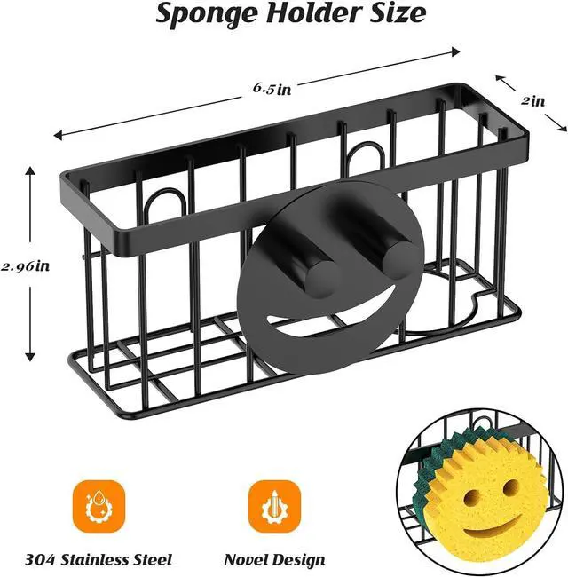 Alt view image 2 of 7 - MURLONG Sponge Holder Smiley Face, Sink Organizer with 2 Suction Cups/1 Adhesive Strips, Designed for Sponge, Soap, Dish Brush, Scrubber - Black