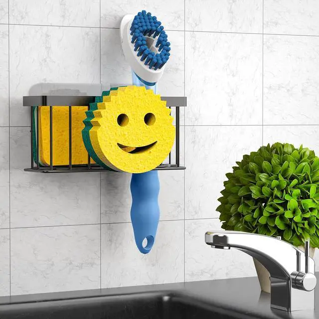 Alt view image 6 of 7 - MURLONG Sponge Holder Smiley Face, Sink Organizer with 2 Suction Cups/1 Adhesive Strips, Designed for Sponge, Soap, Dish Brush, Scrubber - Black