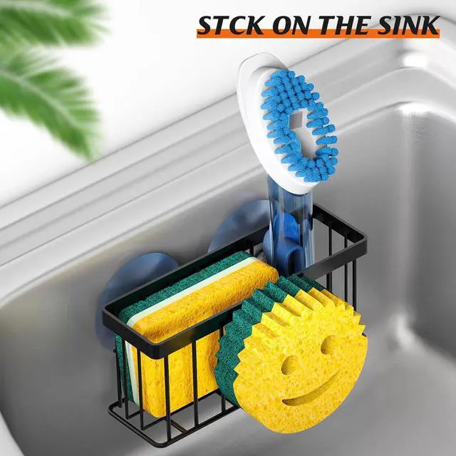Alt view image 5 of 7 - MURLONG Sponge Holder Smiley Face, Sink Organizer with 2 Suction Cups/1 Adhesive Strips, Designed for Sponge, Soap, Dish Brush, Scrubber - Black
