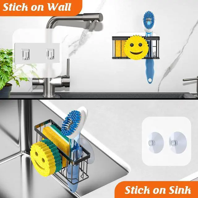 Alt view image 7 of 7 - MURLONG Sponge Holder Smiley Face, Sink Organizer with 2 Suction Cups/1 Adhesive Strips, Designed for Sponge, Soap, Dish Brush, Scrubber - Black