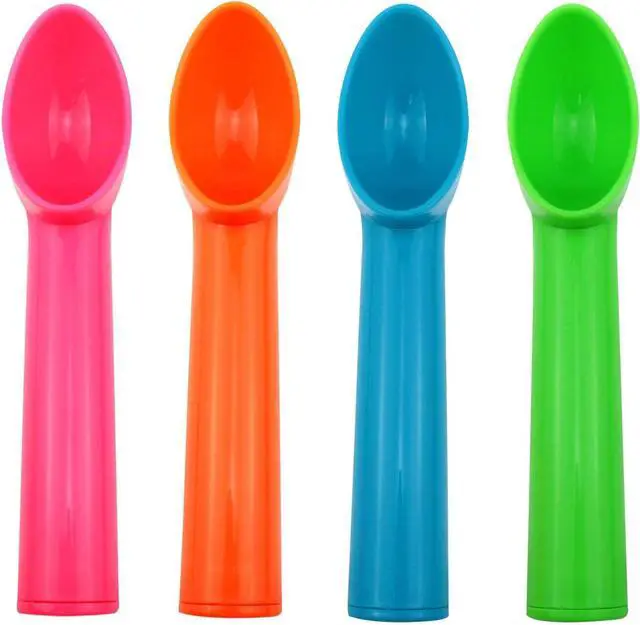 Main image of 4 Pack Plastic Ice Cream Scoop, Small Fruit Baller for Watermelon | 7.2 x 1.2 Inch Plastic Design; Smooth Curved Bowl; Wide Comfortable Handle; 4 Colors for Fruit, Sorbet and Cupcakes