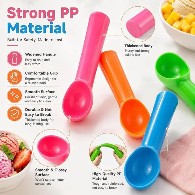 Alt view image 7 of 7 - 4 Pack Plastic Ice Cream Scoop, Small Fruit Baller for Watermelon | 7.2 x 1.2 Inch Plastic Design; Smooth Curved Bowl; Wide Comfortable Handle; 4 Colors for Fruit, Sorbet and Cupcakes