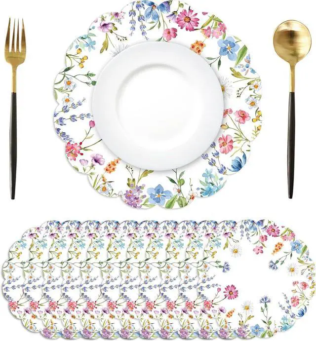 Main image of 50Pcs Floral Round Paper Placemats,13.4 Inch Wildflower Disposable Place Mats Summer Scalloped Table Mats for Kitchen Dining Birthday Banquet Wedding Party Supplies