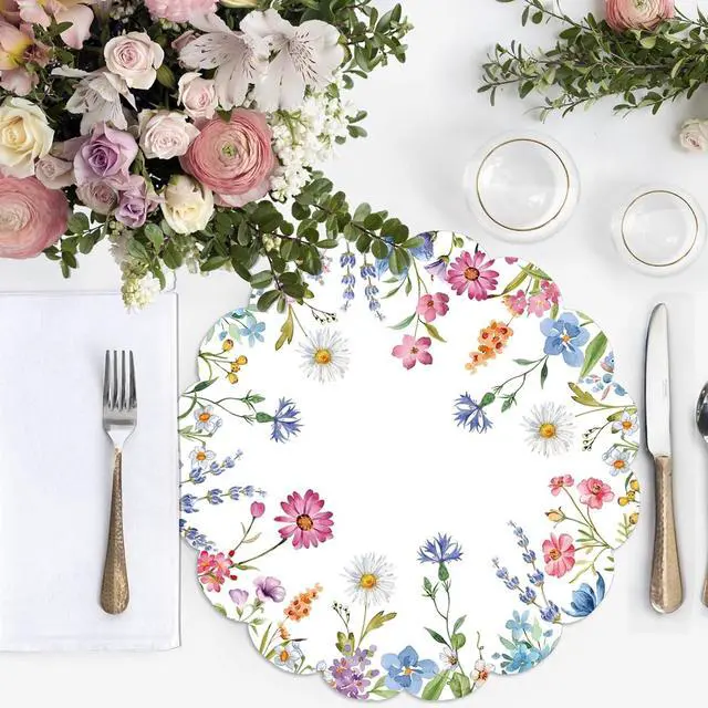 Alt view image 4 of 7 - 50Pcs Floral Round Paper Placemats,13.4 Inch Wildflower Disposable Place Mats Summer Scalloped Table Mats for Kitchen Dining Birthday Banquet Wedding Party Supplies
