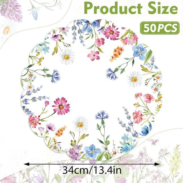 Alt view image 2 of 7 - 50Pcs Floral Round Paper Placemats,13.4 Inch Wildflower Disposable Place Mats Summer Scalloped Table Mats for Kitchen Dining Birthday Banquet Wedding Party Supplies