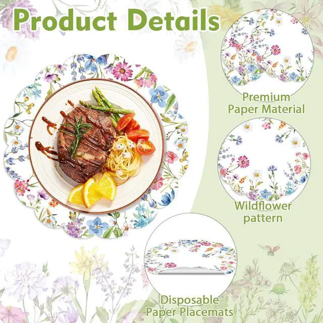 Alt view image 3 of 7 - 50Pcs Floral Round Paper Placemats,13.4 Inch Wildflower Disposable Place Mats Summer Scalloped Table Mats for Kitchen Dining Birthday Banquet Wedding Party Supplies