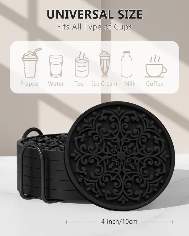 Alt view image 2 of 7 - Drink Coasters, Coasters Set of 6 with Holder, Non-Slip Silicone Cup Mat | Silicone Coasters with Holder, 6 Pack Drinking Coasters for Hot or Cold Drinks, Coaster Set for Kitchen & Office