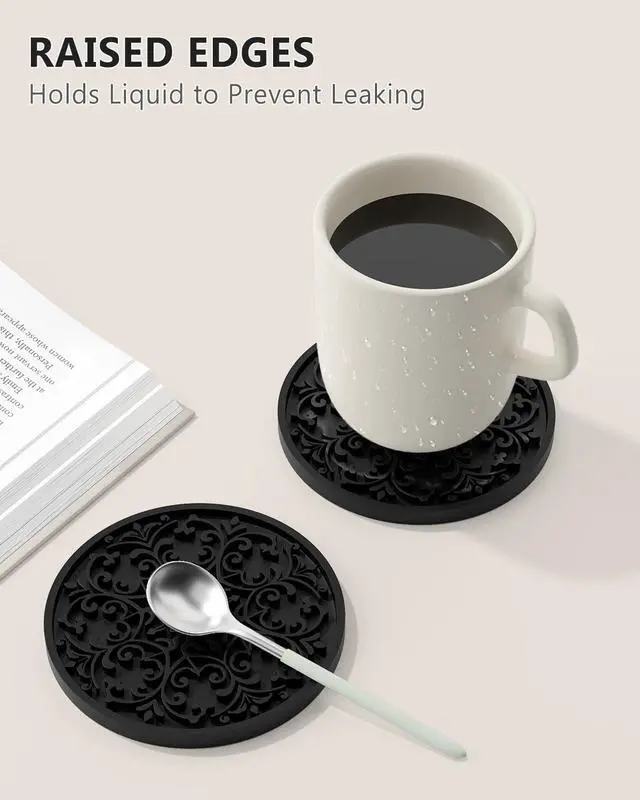Alt view image 3 of 7 - Drink Coasters, Coasters Set of 6 with Holder, Non-Slip Silicone Cup Mat | Silicone Coasters with Holder, 6 Pack Drinking Coasters for Hot or Cold Drinks, Coaster Set for Kitchen & Office