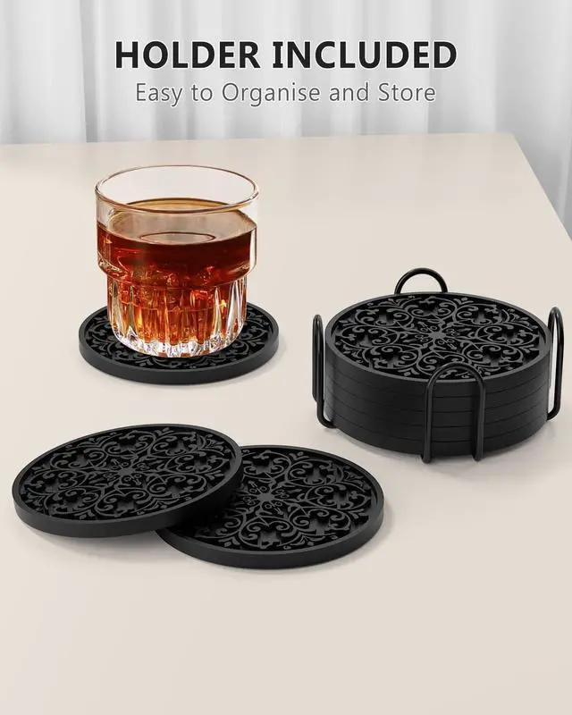 Alt view image 7 of 7 - Drink Coasters, Coasters Set of 6 with Holder, Non-Slip Silicone Cup Mat | Silicone Coasters with Holder, 6 Pack Drinking Coasters for Hot or Cold Drinks, Coaster Set for Kitchen & Office