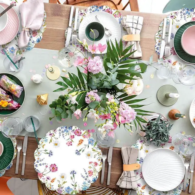 Alt view image 5 of 7 - 50Pcs Floral Round Paper Placemats,13.4 Inch Wildflower Disposable Place Mats Summer Scalloped Table Mats for Kitchen Dining Birthday Banquet Wedding Party Supplies