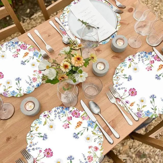 Alt view image 6 of 7 - 50Pcs Floral Round Paper Placemats,13.4 Inch Wildflower Disposable Place Mats Summer Scalloped Table Mats for Kitchen Dining Birthday Banquet Wedding Party Supplies