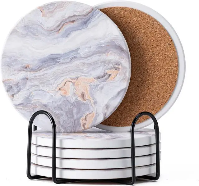 Main image of 6Pcs Absorbent Coasters Set with Holder,Ceramic Drink Coaster,4 inA8 | Marble Style Ceramic Drink Coaster,Suitable for Kinds of Cups,Modern Style Coaster for Coffee Table