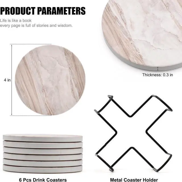 Alt view image 2 of 7 - 6Pcs Absorbent Coasters Set with Holder,Ceramic Drink Coaster,4 inA6 | Marble Style Ceramic Drink Coaster,Suitable for Kinds of Cups,Modern Style Coaster for Coffee Table