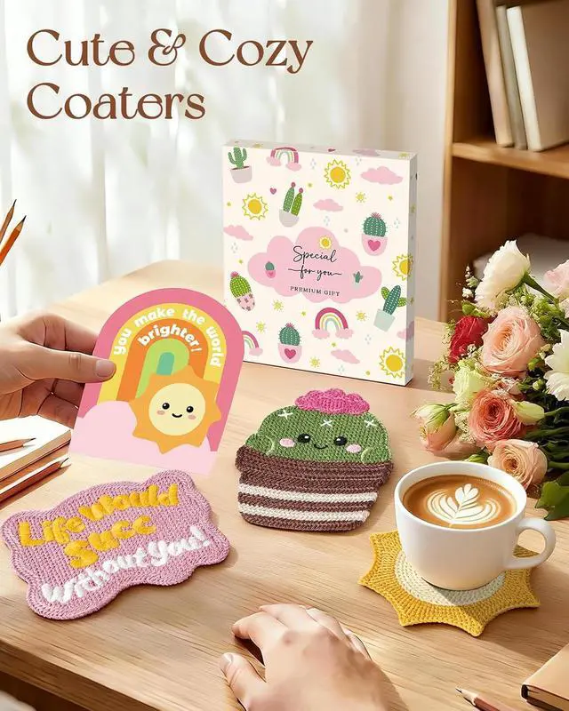 Alt view image 2 of 6 - Slohif Cute Woven Drink Coasters Funny Gifts for Home Desk Coffee Table-Creative Inspirational Crochet Decor Gift Office Cup Coaster Accessories for Women Family (3pcs)