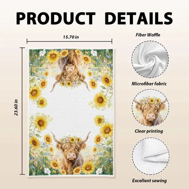 Alt view image 5 of 7 - Highland Cow Kitchen Towels, Highland Cattle Themed Dish Towels, Farm Cattle Watercolor Floral Tea Hand Dishcloths Gift for Farmhouse Kitchen, Waffle Weave Microfiber,16×24 Inche