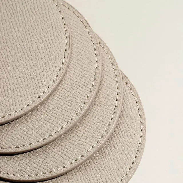 Alt view image 4 of 5 - OLETHA Aesthetic Round Drink Coasters, Set of 4, Ivory | Faux leather coasters for coffee bars, dining tables & office desks; wipe clean