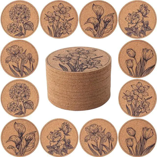 Main image of Cork Coasters for Drinks Absorbent Non Slip 12pcs 4 Inch Flower | Coaster for Coffee Table Housewarming Gifts for New Home Present for Friends, Living Room Decor, Apartment Decor, Elegant