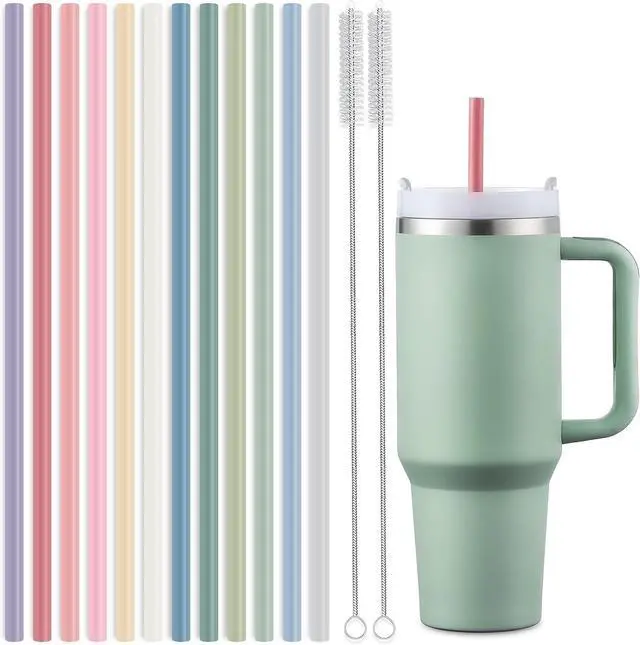 Main image of 12-Pack Silicone Reusable Straws for Stanley 40 oz 30 oz Cup Tumbler, 12.2 inch Long Replacement Straws with 2 Cleaning Brushes