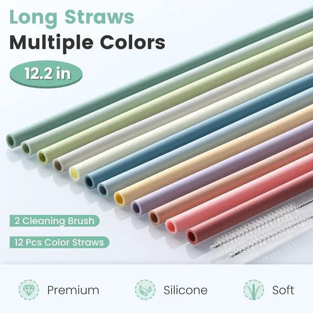 Alt view image 2 of 7 - 12-Pack Silicone Reusable Straws for Stanley 40 oz 30 oz Cup Tumbler, 12.2 inch Long Replacement Straws with 2 Cleaning Brushes
