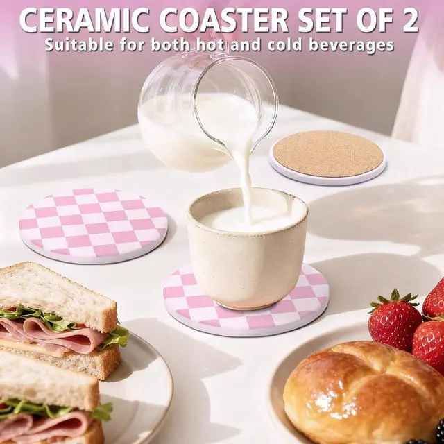 Alt view image 3 of 7 - 2 Pack Ceramic Absorbent Coasters for Drinks, Heat Resistant Drink Coasters for Desk, Pink Coaster Set for Coffee Table, Non-Slip Cup Coaster with Cork Backing, Posavasos for Kitchen Home Decor Gifts