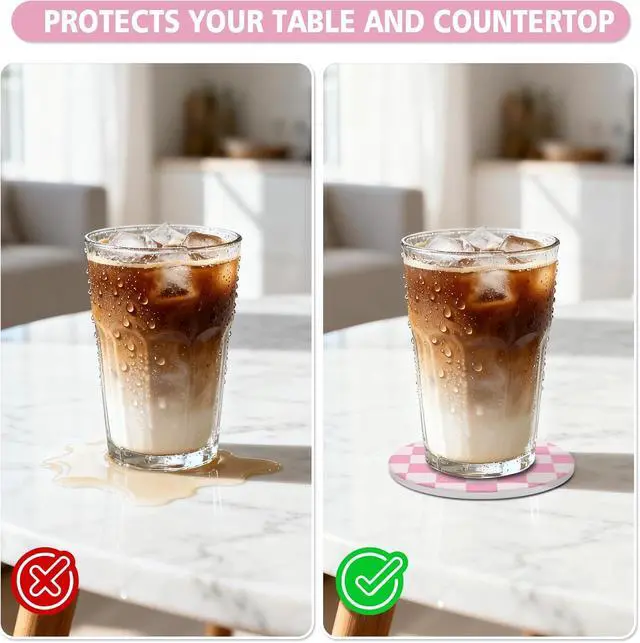 Alt view image 4 of 7 - 2 Pack Ceramic Absorbent Coasters for Drinks, Heat Resistant Drink Coasters for Desk, Pink Coaster Set for Coffee Table, Non-Slip Cup Coaster with Cork Backing, Posavasos for Kitchen Home Decor Gifts