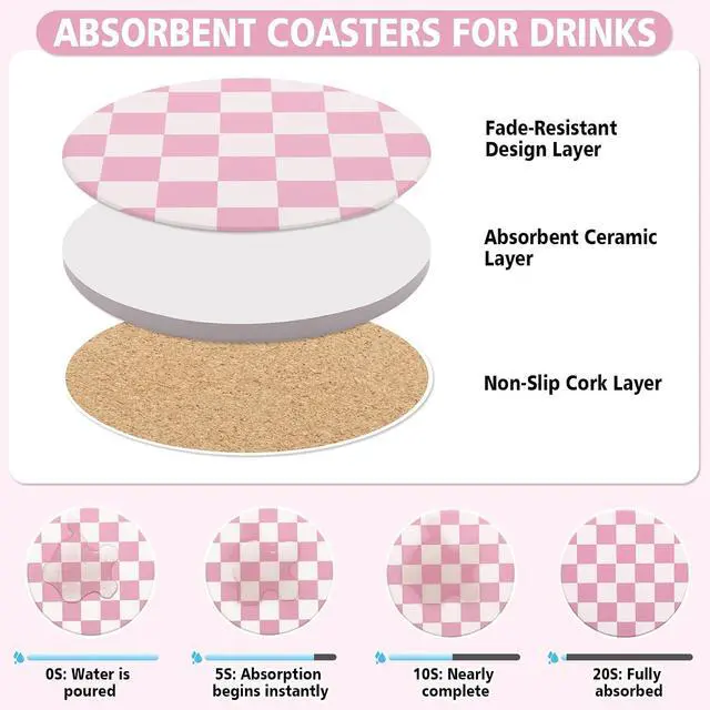 Alt view image 5 of 7 - 2 Pack Ceramic Absorbent Coasters for Drinks, Heat Resistant Drink Coasters for Desk, Pink Coaster Set for Coffee Table, Non-Slip Cup Coaster with Cork Backing, Posavasos for Kitchen Home Decor Gifts