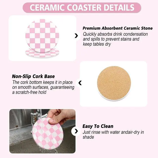 Alt view image 6 of 7 - 2 Pack Ceramic Absorbent Coasters for Drinks, Heat Resistant Drink Coasters for Desk, Pink Coaster Set for Coffee Table, Non-Slip Cup Coaster with Cork Backing, Posavasos for Kitchen Home Decor Gifts