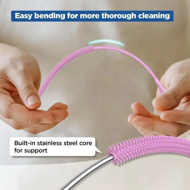 Alt view image 4 of 6 - YOTIME Silicone Straw Cleaner Brush, 2Pcs Reusable Straw Brush, Pink | 2-Piece Set, Extra-Long for Tumblers with Handles and Glass/Metal Smoothie Straws, Non-Slip Handle, Soft Flexible, 6mm & 9mm