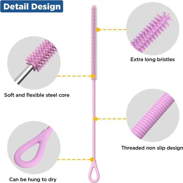 Alt view image 3 of 6 - YOTIME Silicone Straw Cleaner Brush, 2Pcs Reusable Straw Brush, Pink | 2-Piece Set, Extra-Long for Tumblers with Handles and Glass/Metal Smoothie Straws, Non-Slip Handle, Soft Flexible, 6mm & 9mm