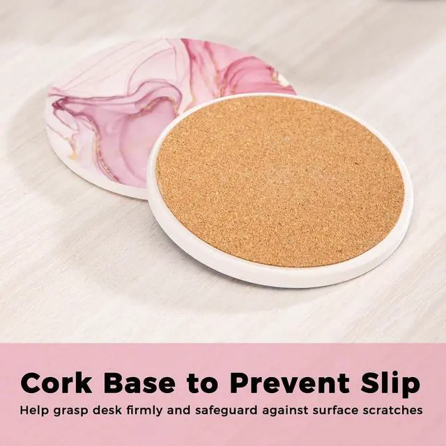 Alt view image 3 of 6 - Cute Pink Absorbent Coasters Set of 4, Ceramic Coasters with Gold Holder | Drink Coasters with Cork Backing for Coffee Table, Kitchen Counters, Living Rooms, Home Office Desk Decor for Women Girls
