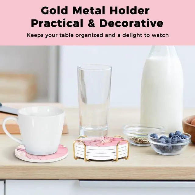 Alt view image 5 of 6 - Cute Pink Absorbent Coasters Set of 4, Ceramic Coasters with Gold Holder | Drink Coasters with Cork Backing for Coffee Table, Kitchen Counters, Living Rooms, Home Office Desk Decor for Women Girls