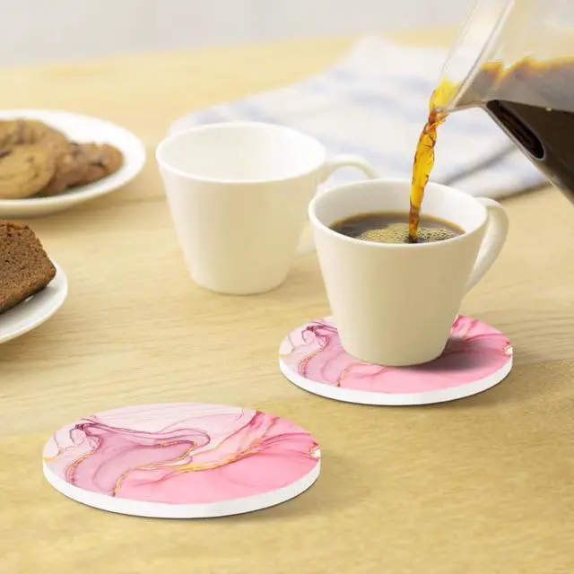 Alt view image 6 of 6 - Cute Pink Absorbent Coasters Set of 4, Ceramic Coasters with Gold Holder | Drink Coasters with Cork Backing for Coffee Table, Kitchen Counters, Living Rooms, Home Office Desk Decor for Women Girls