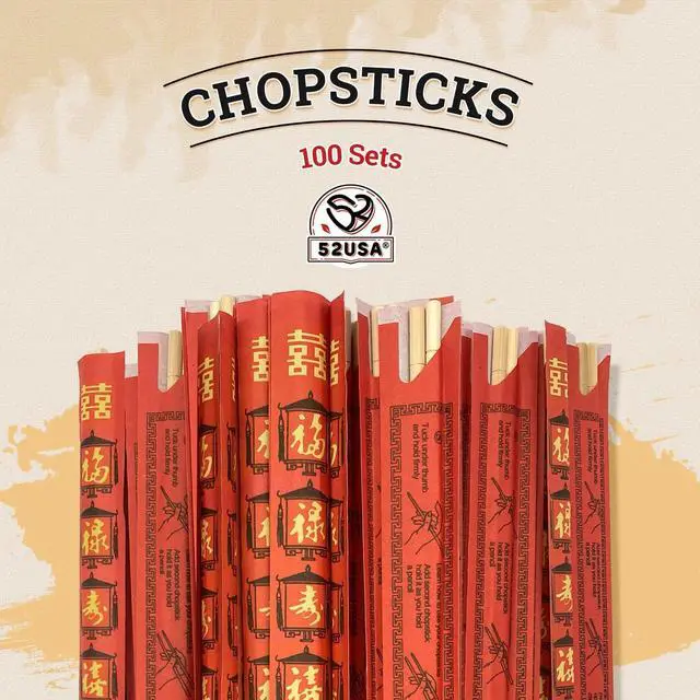 Alt view image 2 of 7 - 52USA Disposable Bamboo Chopsticks (100 Sets) - 9'' Long | UV Treated, Individually Wrapped Japanese and Chinese Wooden Chopsticks Bulk